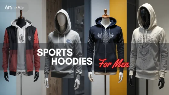 A variety of sports hoodies for men displayed on mannequins.