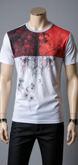 White T-shirt with a striking red and black artistic print, paired with black jeans