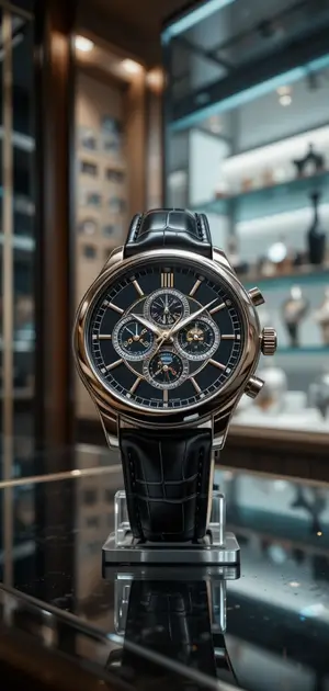 Elegant navy blue and gold chronograph watch with Roman numerals.