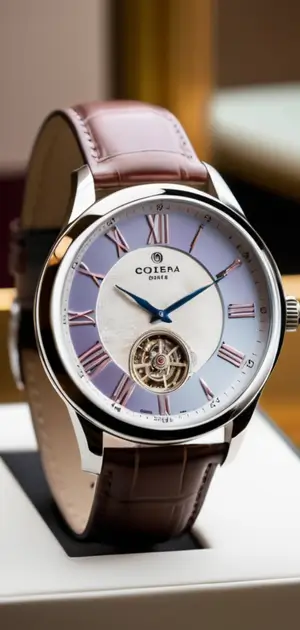 Classic silver chronograph watch with a brown leather strap in a boutique setting.