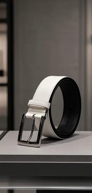 White leather belt with black lining and silver buckle