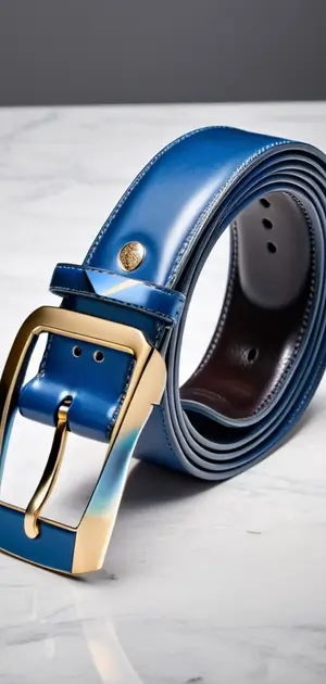 Blue leather belt with gold buckle and brown lining.
