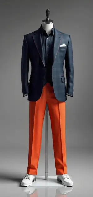 A navy blazer with orange trousers, black shirt, and white sneakers on a mannequin