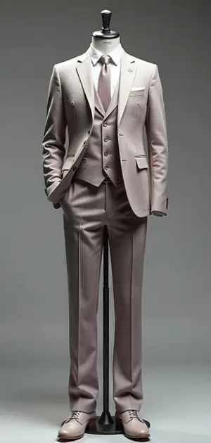 A blush pink three-piece suit with a matching tie and white shirt on a mannequin