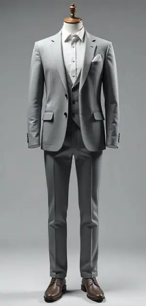 A slim-fit grey suit with a waistcoat, white shirt, and brown shoes on a mannequin