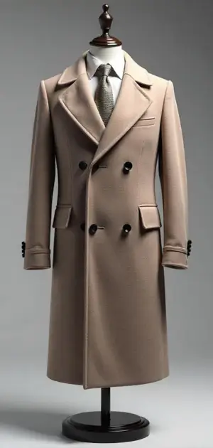 A beige double-breasted overcoat with black buttons and peak lapels.