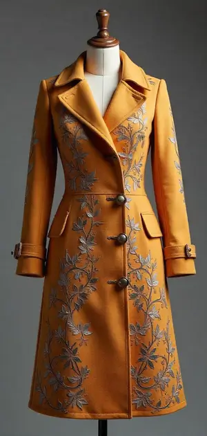 Golden embroidered coat with floral motifs.
