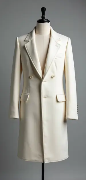 A sleek white double-breasted overcoat with a minimalist design.