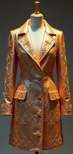 Embroidered metallic gold coat with lace details.