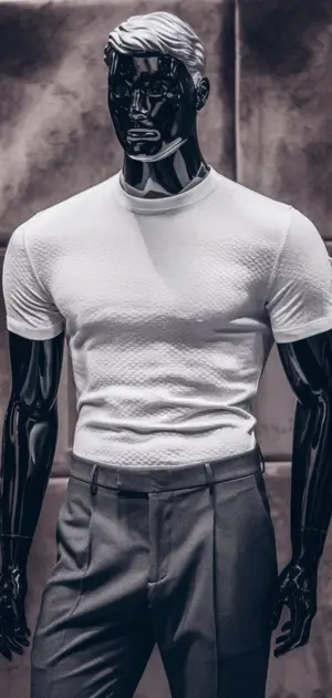 Textured white fitted T-shirt paired with tailored grey trousers on a black mannequin