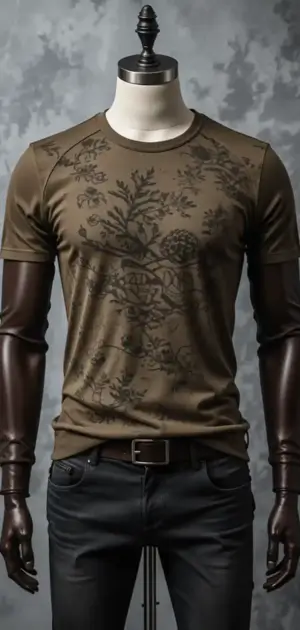 Olive green floral-patterned T-shirt paired with black jeans on a mannequin