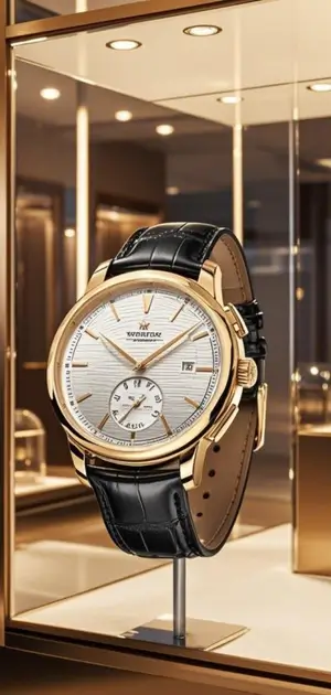 Luxury gold wristwatch with a textured silver dial and black leather strap