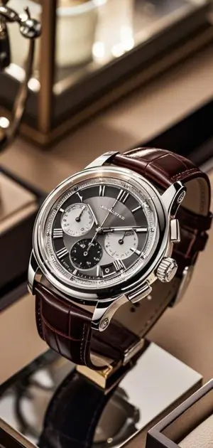 Classic silver chronograph watch with a brown leather strap.
