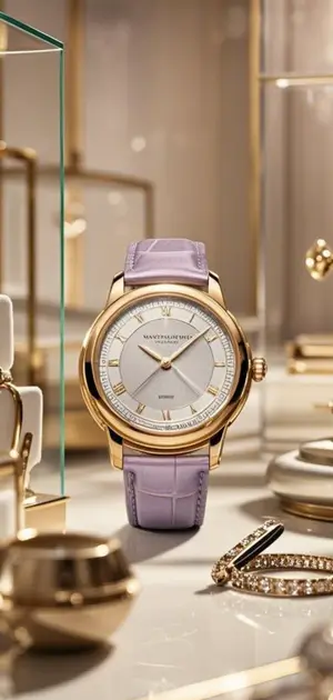 Elegant gold wristwatch with a white dial and pastel purple leather strap.