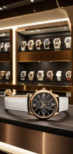 Luxury black and gold chronograph watch with a white leather strap