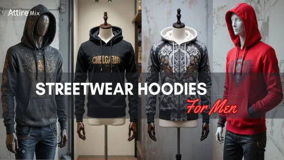 Collection of men’s streetwear hoodies with stylish prints and colors.