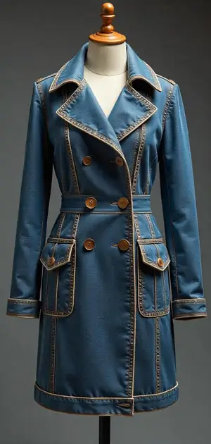 Double-breasted denim trench coat with contrast stitching.