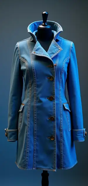 Fitted blue denim coat with high collar and large buttons.