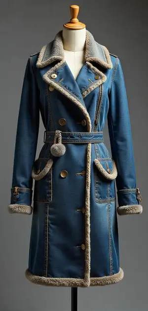 Blue denim coat with faux shearling trim