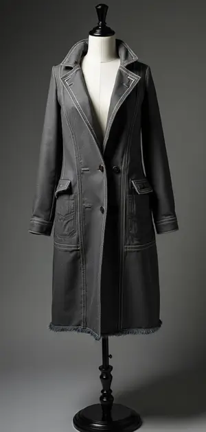 Dark grey denim-style trench coat with frayed hem