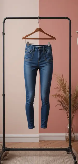 Classic stretch denim leggings hanging against a modern pink backdrop.