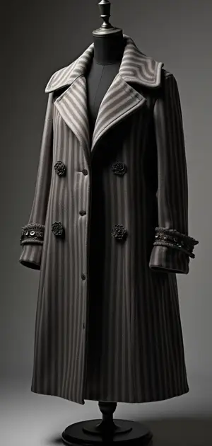 Dark striped coat with intricate button details.