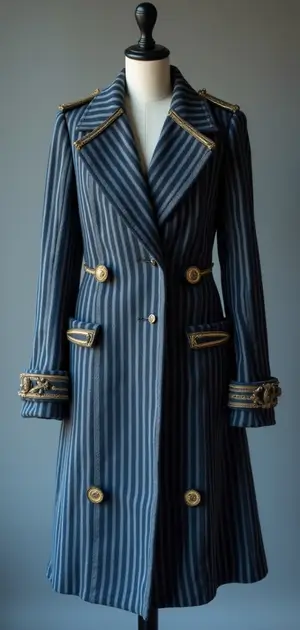 Blue pinstriped coat with gold button accents