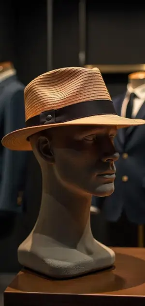 stylish tan fedora hat with a black band on a mannequin