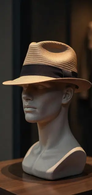 A classic straw fedora hat with a black ribbon on a mannequin.