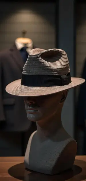 A finely woven, textured Hat with a black band on a mannequin.