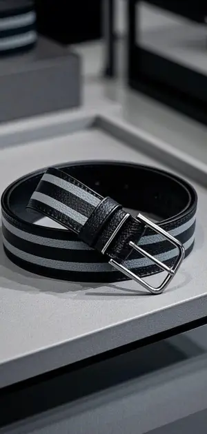 Black leather belt with gray stripes and silver buckle