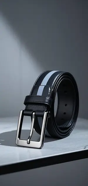 Black leather belt with a single gray stripe and silver buckle
