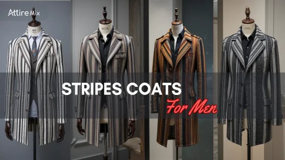 Four elegant men's striped coats displayed on mannequins.
