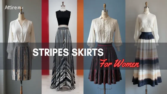 Collection of striped skirts paired with stylish tops for women.