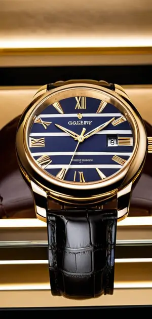 Gold wristwatch with a striped navy-blue dial and black leather strap.
