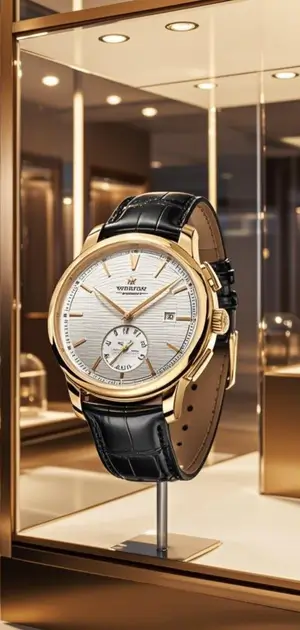Gold wristwatch with a silver dial and a black leather strap in a luxury display case.