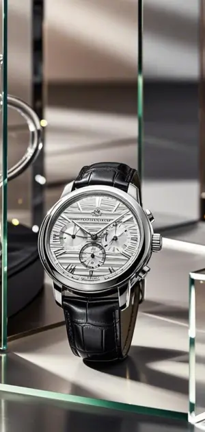 Silver wristwatch with a textured dial and black leather strap in a glass display.