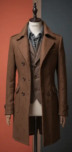 Brown textured overcoat styled with a checkered shirt and vest.