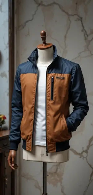 Brown and navy front-zip athletic jacket with a chest pocket.
