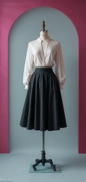 Elegant black high-waisted skirt with a white blouse on a mannequin.