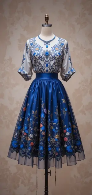 Mannequin dressed in a dark blue floral embroidered skirt and matching blouse.