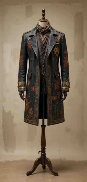 Black embroidered coat with gold details and layered accessories.