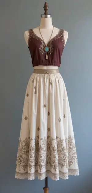 A light bohemian skirt with floral embroidery and a stylish brown top.