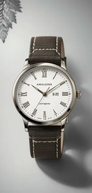 A stylish silver wristwatch featuring a white dial with Roman numerals and a canvas strap.