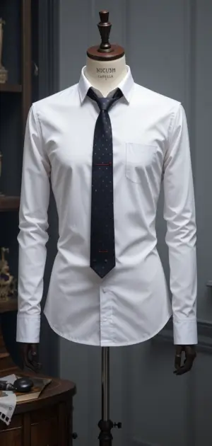 A fitted white dress shirt with a black tie displayed on a mannequin.