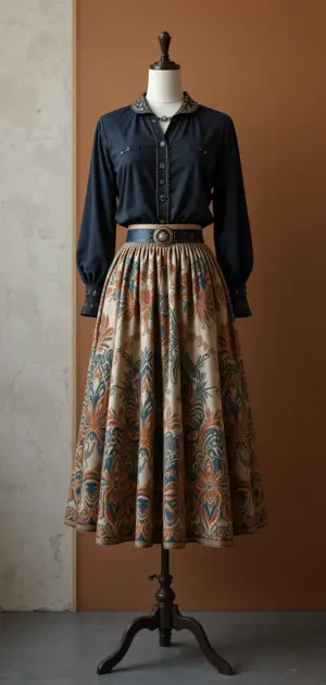 Vintage patterned midi skirt with a navy long-sleeved top.