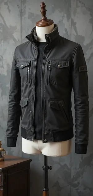 Black cotton jacket on a mannequin with multiple pockets and details.