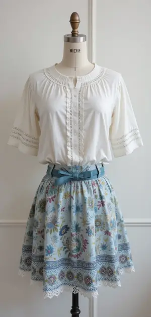 White blouse paired with a short, blue floral cotton skirt.
