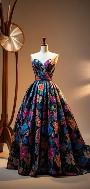 Plus-size floral formal dress in A-line fit.
