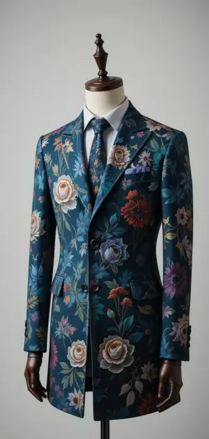 A navy floral coat featuring bold rose motifs styled on a mannequin.